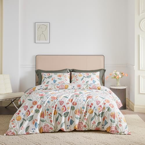 YuHeGuoJi Aesthetic Floral Duvet Cover Set King 3 Pcs 100% Egyptian Cotton Red Flower Botanical Bedding with Zipper Ties 2 Pillowcases