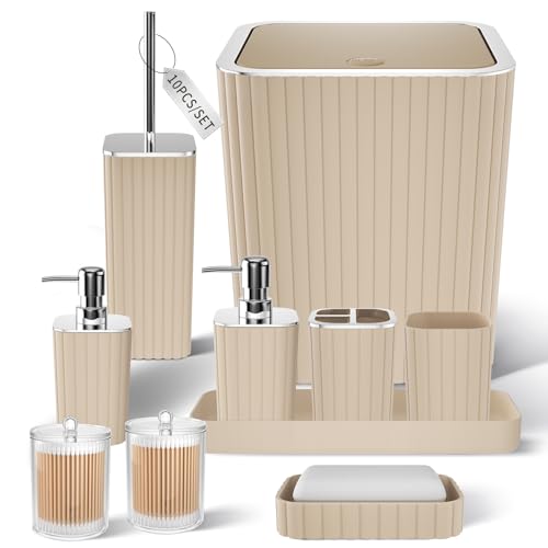XLHOMO Bathroom Accessories Set - Gorgeous Beige Bathroom Set, 10PC Bathroom Accessory Set, Toilet Brush, Trash Can & Soap Dispenser