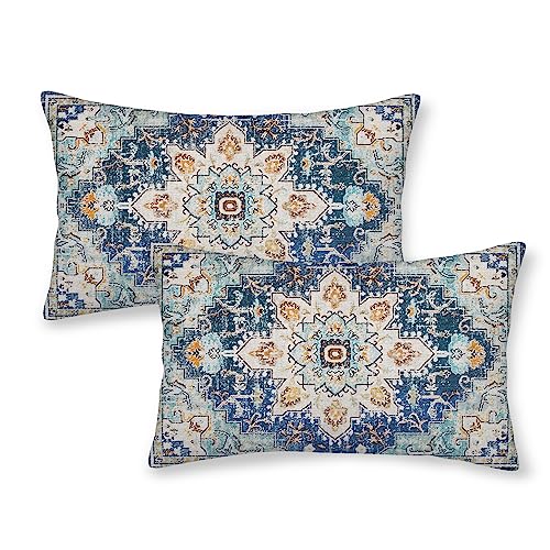 AEIOAE Boho Pillow Covers 12x20 Inch Set of 2,Carpet Pattern Throw Pillows Case,Blue Yellow Ethnic Design Outdoor Decorative Square Linen Farmhouse Decor Cushion Covers for Home Sofa Bed Couch