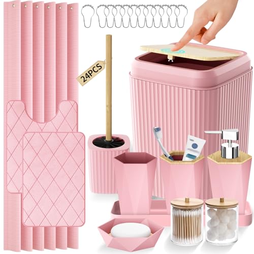 Bathroom Accessories Set - Pink Bathroom Set with Shower Curtain and Rugs, Trash Can, Toilet Brush with Holder, Soap Dispenser, Toothbrush and Toothpaste Holder, Cup, Soap Dish, Qtip Holders