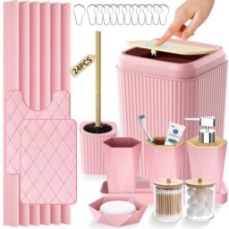 Bathroom Accessories Set - Pink Bathroom Set with Shower Curtain and Rugs, Trash Can, Toilet Brush with Holder, Soap Dispenser, Toothbrush and Toothpaste Holder, Cup, Soap Dish, Qtip Holders