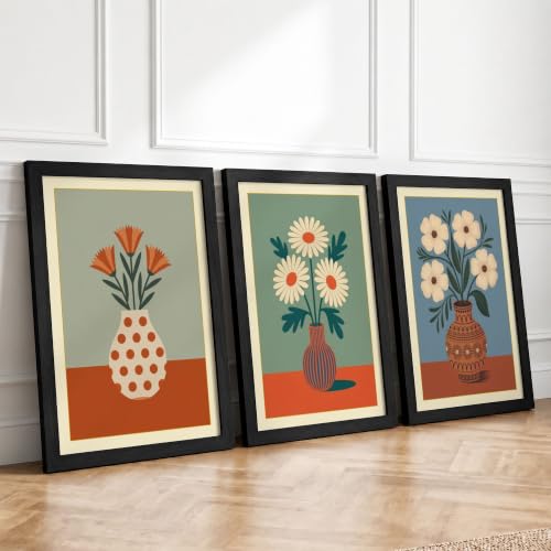 Mid-Century Floral Vases Mid-Century Set of 3 Framed Wall Art Prints A4