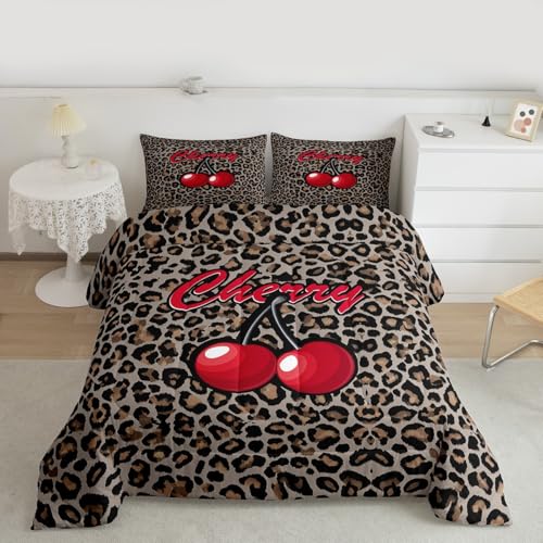 Erosebridal Cherry Leopard Queen Comforter Set for Kids Teens Adults,African Cheetah Print Bedding Set,Oil Painting Cherry Duvet Insert,Farmhouse Bed Set for All Season