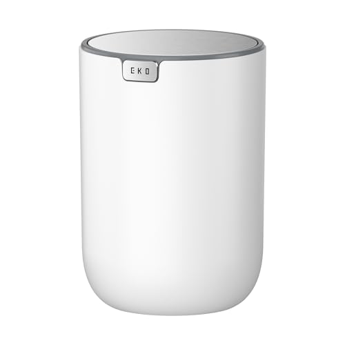 EKO Fandy Table Bin, 1.5L Mini Desk Rubbish Bin with Swing-Top Lid, 1.5 Litre Small Table Round Wastebasket for Office, Home, Bathroom, Bedroom, Car (White)