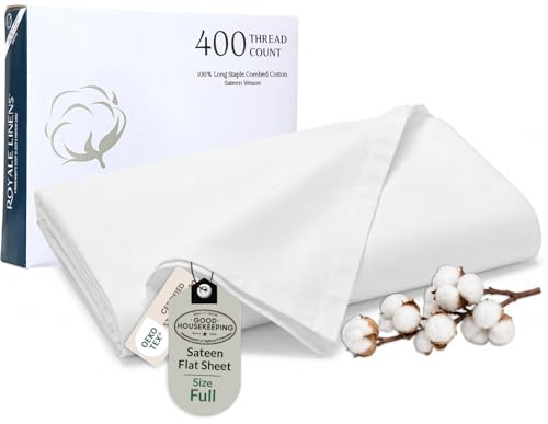 400 Thread Count 100% American Grown Cotton Flat Sheet - Cooling Sheets - Full Sheets - Luxury Sateen Weave - Full Flat Sheet Sold Separately - Super Soft White Flat Sheet Only (Full, Signature White)