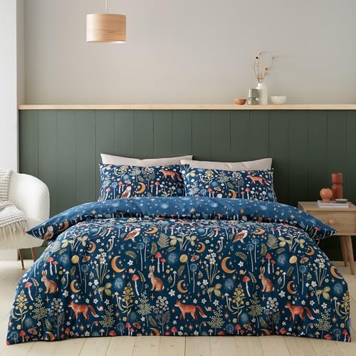 Catherine Lansfield Enchanted Twilight Animals Reversible Single Duvet Cover Set with Pillowcase Navy Blue