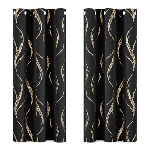 Yakamok Blackout Curtains for Livingroom - Wave Line with Dots Gold Print Design Noise Reducing Thermal Insulated Solid Ring Top Blackout Window Drapes for Livingroom (2 Panels, 42 x 54 Inch, Black)
