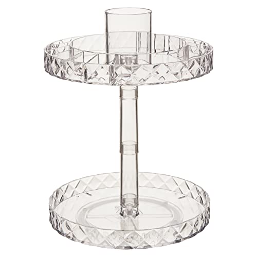 Premier Housewares Cosmetic Organiser With 2 Tier Round Compartments Clear Diamond Multipurpose Storage Statement Piece for Dresser/Bathroom With Rotating Base W26 X D26 X H34cm.