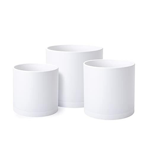 D'vine Dev 6 Inch 6.5 Inch 8 Inch, Set of 3, White Colour Planter Pots for Plants with Drainage Hole and Seamless Saucers, Medium, 74-E-M-1