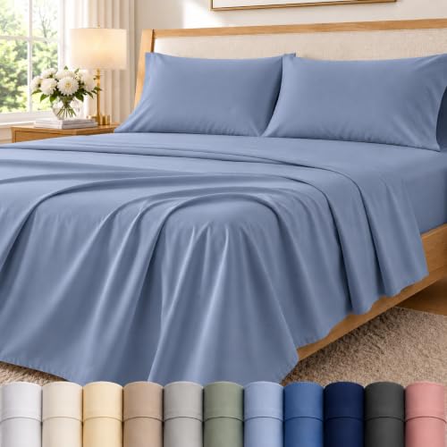 100% Cotton Sheets For King Size Bed, Certified 400 Tc Deep Pocket King Sheet Set, Elasticated Sheet & Pillowcase Sets, No Pill & Shrink, Soft & Comfy Naturally Cool & Breathable- French Blue