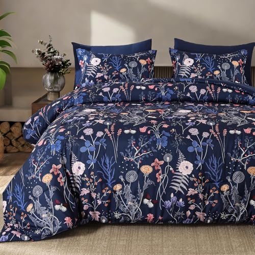 Yiran Queen Comforter Set, 7 Pieces Navy Blue Floral Soft Bedding Sets, Queen Bed in a Bag with Botanical Flowers Winter Comforter, Sheets, Pillowcases & Shams