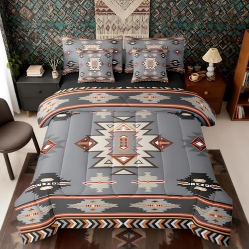 Erosebridal Western Bed in a Bag King Size Comforter Set 7 Pieces - Bohemian Decor Geometric Bedding Sets Boho Aztec Comforter and Sheet Set, Ethnic Tribal Arrow Bed Sets,Grey