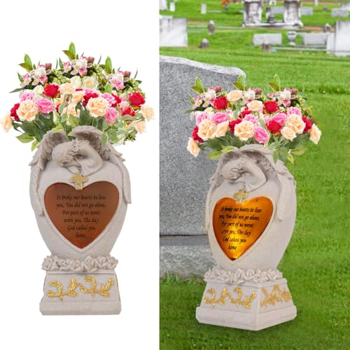 Cemetery Memorial Decoration, Garden Angel Outdoor Solar Vase Statue Cross Angel Vase Family Garden Memorial Statue Funeral Gift, Memorial Stone, Crying Angel (Beige)