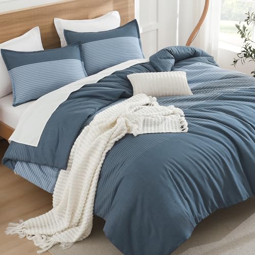 Litanika Queen Comforter Set - 3 Pieces Stripe Bedding Comforter Sets - Haze Blue Men Fluffy Lightweight Soft Colorblock Down Alternative All Season Bed Set