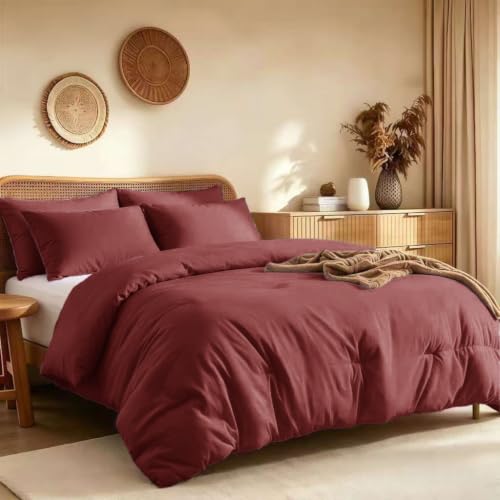 Quataly Full Size Comforter Set Dark Red,3PCS Soft Lightweight Breathable Bedding Comforter for All Season, Full Size(82''??86'' Comforter & 2 Pillowcases)