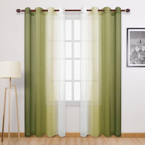 DWCN Transparent Eyelet Curtains for Living Room, 52W x 96L, Olive Green