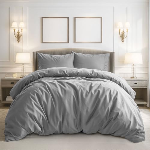Pure Bedding Duvet Cover King Size - 3 Pieces Extra Soft Bedding Set, Includes 1 Duvet Cover 104x90 Inches with Zipper Closure & 2 Pillow Shams, Comforter Not Included, Light Grey