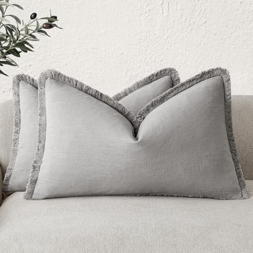 Foindtower Set of 2 Decorative Linen Fringe Throw Pillow Covers Cozy Farmhouse Cushion Cover with Tassels Accent Pillowcase for Couch Bed Living Room Home Bedroom Decor,12??24 Inch,Light Rustic Gray