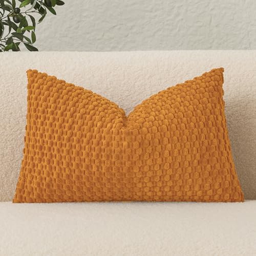UGASA Fall Velvet 12x20 Inch Lumbar Throw Pillow Cover, Both Sides Corduroy Striped, Soft Solid Decorative Rectangular Cushion Case for Couch/Bedroom, 1 Piece, Burnt Orange