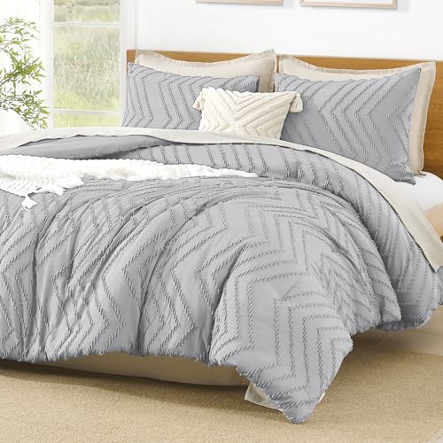 Litanika Light Grey Queen Comforter Set, 3 Pcs Boho Tufted Bedding Set - Neutral Lightweight Fluffy Chevron Textured Bohemian Bedding Set Gift Choice
