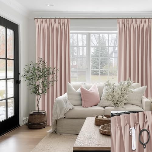 SHINELAND Pink Blackout Curtains for Girls Room 2 Panels,Pretty Neutral Boho Vintage Dusty Rose Light Pink Linen Curtains for Bedroom Living Room,84 Inches Long