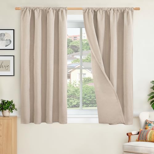 BGment Beige Linen 100% Blackout Curtains 45 Inch Length for Bedroom, Short Room Darkening Drapes with Rod Pocket Thermal Insulated for Living Room Window Privacy, 2 Panels, Each 42 Inch Wide
