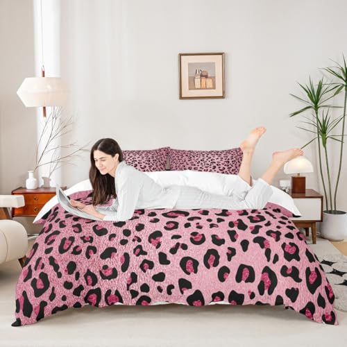 Pink Leopard Print Duvet Cover Set Twin Size,Cheetah Bedding Set 2pcs for Kids Teens Girls Room Decor, Wild Animal Skin Texture Comforter Cover Romantic Fashion Quilt Cover with 1 Pillowcase