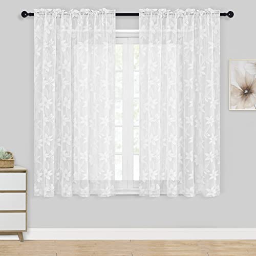 DWCN Floral Lace Sheer Curtains - Rod Pocket Window Voile Sheer Drapes for Bedroom Kitchen Short Curtains 52 x 54 inch Length, Set of 2 White Curtain Panels