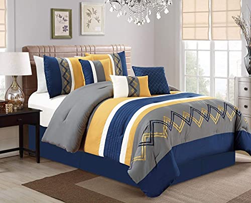 Chezmoi Collection Arden 7-Piece Modern Pleated Stripe Embroidered Zigzag Bedding Comforter Set (California King, Navy/Gray/Yellow/White)