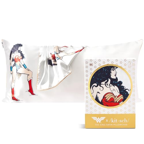 Kitsch x Wonder Woman Satin Pillowcase with Zipper for Hair, Softer Than Silk Pillow Cases King, Cooling Pillow Covers, Machine Washable Wrinkle-Free, Satin Pillow Cases King 19x36, Believe in Wonder