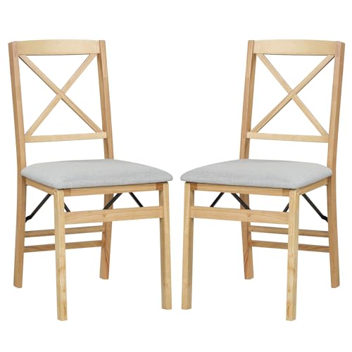 GiantexUK Folding Dining Chairs, Set of 2 Kitchen Chairs with Rubber Wood Frame, Upholstered Seat, Hollowed Backrest, Farmhouse Dinner Chair for Kitchen Dining Room (Natural+Grey, Linen Fabric)