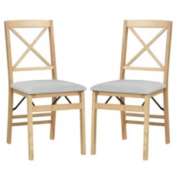 GiantexUK Folding Dining Chairs, Set of 2 Kitchen Chairs with Rubber Wood Frame, Upholstered Seat, Hollowed Backrest, Farmhouse Dinner Chair for Kitchen Dining Room (Natural+Grey, Linen Fabric)