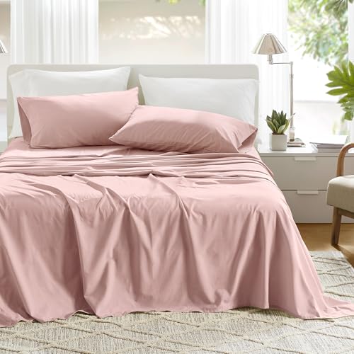 "Comfort Spaces 100% Cotton Sheets Queen, Breathable & Ultra Soft Cotton Sheets, Naturally Cool Cotton Bed Sheets with 14"" Elastic Pocket Fits up to 16"" Mattress, All Seasons Sheet Set, Pink 4 Piece"