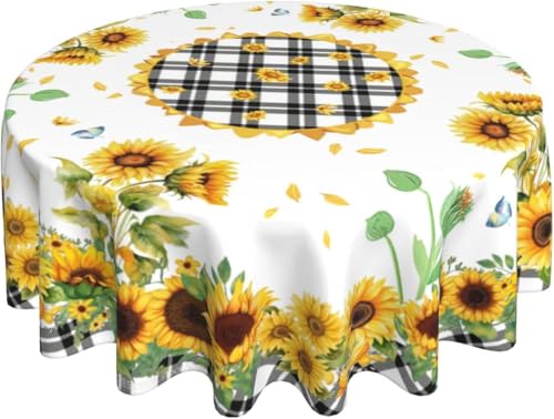 mutakin Sunflowers Floral Tablecloth Black White Plaid Round Table Cover Washable Reusable Decoration Table Cloth for Home Kitchen Party Picnic 60 Inch