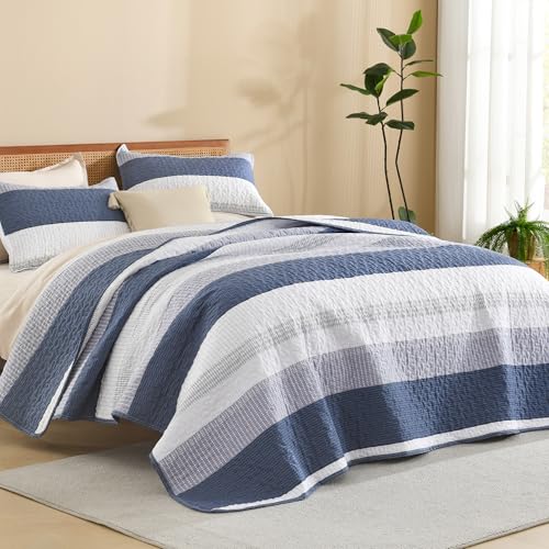 "Litanika Twin Size Quilt, 2 Pcs Mineral Blue Stripe Bedding Set - Summer Bedspread with 1 Sham,Lightweight Coverlet for All Season (68""x86"")"