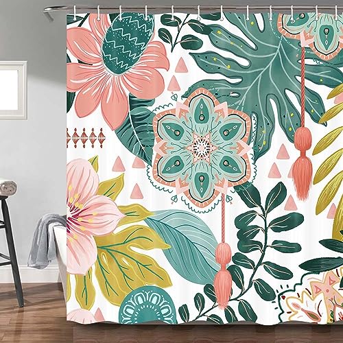 Abstract Boho Floral Botanical Shower Curtain, Bohemian Mid Century Morden Teal Decor Bathroom Curtains, Waterproof Fabric Shower Curtains Set with Hooks 69X72
