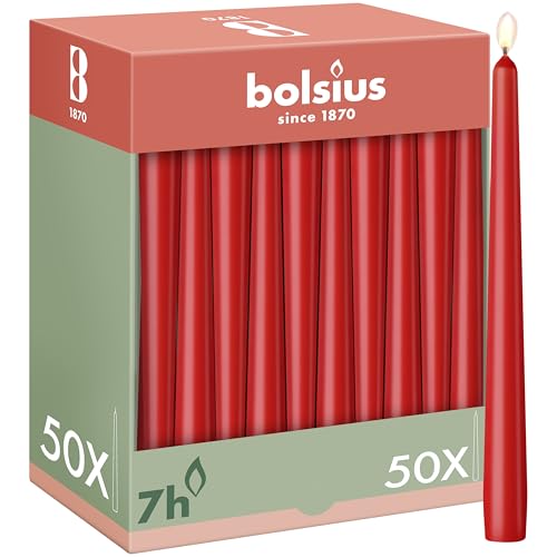 Bolsius Smooth Taper Candles - Red - Pack of 50-24.5 cm - Decorative Household Candles - Burn Time 7 Hours - Unscented - Contains Natural Plant Wax - No Palm Oil