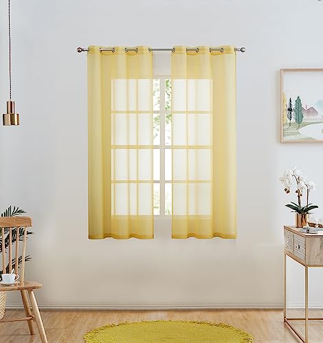 July Joy Yellow Semi Linen Look Sheer Curtains for Bedroom, Living Room Grommet Light Filtering Solid Voile Window Curtains, Set of 2 Panels, 42 x 45 inch