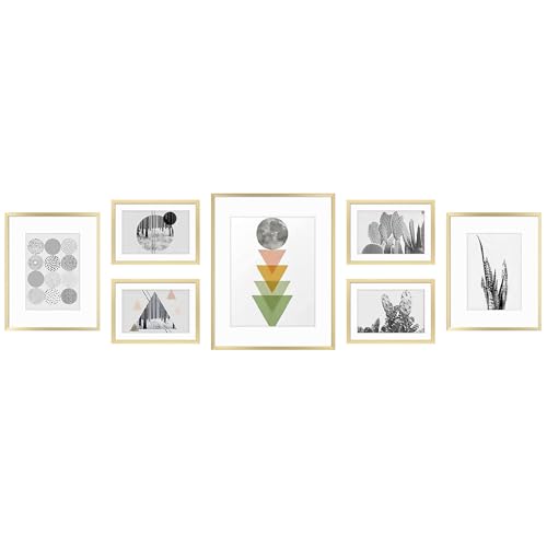 Golden State Art, Set of 7, Aluminum Photo Frame with Ivory Color Mat & Real Glass, Metal Wall Photo Frame Collection (Gold)