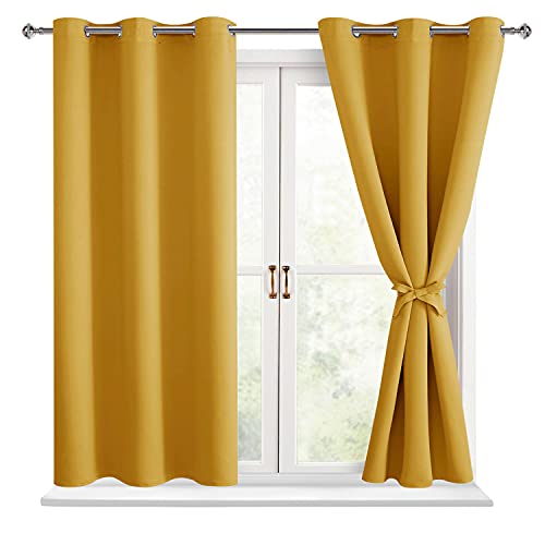 Hiasan Blackout Curtains for Bedroom - Thermal Insulated & Light Blocking Window Curtains for Living Room/Kids Room, 2 Drape Panels Sewn with Tiebacks, Mustard Yellow, 42 x 54 Inch