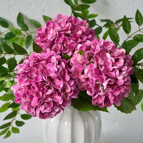 IPLNTS 3pcs 20inch Hydrangea Artificial Flowers Rose Red Real Touch Pu Faux Fake Realistic Flowers with Stems for Vase Indoor Wedding Party Office Home Table Decoration