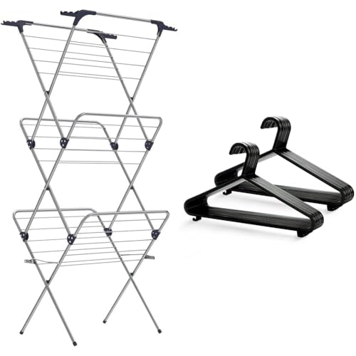 SONGMICS Foldable Clothes Airer, Clothes Drying Rack, Compact Clothes Horse Dryer, Laundry Rack & KEPLIN Adult Plastic Coat Hangers - 25pk, Black Colour, Strong Clothes Hangers