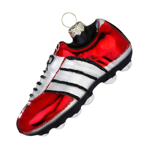 Holly & Jolly - Christmas ball football boot, approx. 9 cm - Hand Painted Glass Christmas Tree Bauble in Red and White Glitter Christmas Decoration for Indoor Use