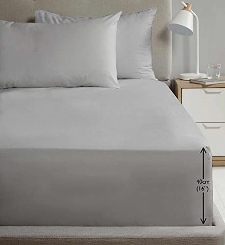 Rapport Home Double Size Fitted Sheet Extra Deep 40cm Depth Grey Soft Easy Care Non-Iron Percale Bed Sheet – 16 inch Pocket