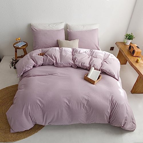 ECOCOTT 3 Pieces Duvet Cover Set 100% Washed Cotton 1 Duvet Cover with Zipper and 2 Pillowcases Simple Style Bedding Set (Light Purple, King)