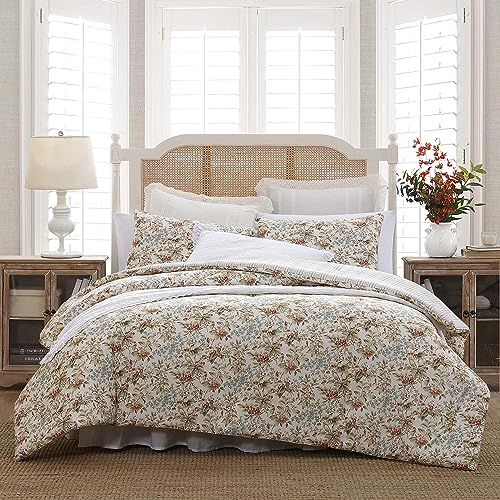 Laura Ashley - Twin Comforter Set, Reversible Cotton Bedding with Matching Sham, Floral Home Decor with Plaid Reverse (Bramble Floral Beige, Twin)