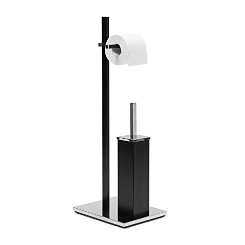 Relaxdays Chromed Steel Toilet Butler, approx 73 x 21.5 x 27.5 cm, Square Toilet Free-Standing Butler, Modern with Toilet Roll Holder and Toilet Brush in Hygenic Plastic Holder, Black