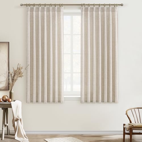 Pleated Natural Linen Kitchen Small Window 45 Inch Curtains Over Sink, Petty Light Filtering Pinch Pleat Cream Beige Sheer Mini Curtain 45 Inch Length 2 Panels Set for Cafe Laundry Room Back Tab Burg