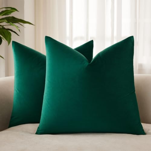 JUSPURBET Christmas Decorative Velvet Throw Pillow Covers for Sofa Couch Bed,Pack of 2 Luxury Soft Pillow Cases,24x24 Inches,Dark Green