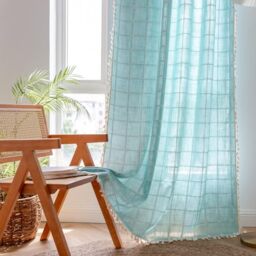"Sutuo Home Boho Curtain Plaids for Bedroom, Semi Blackout Linen Farmhouse Tassels Window Treatment Bohemian Embroidery Drape for Home Decor, Rod Pocket 1 Panel 52"" W x 84"" L, Aqua Blue"